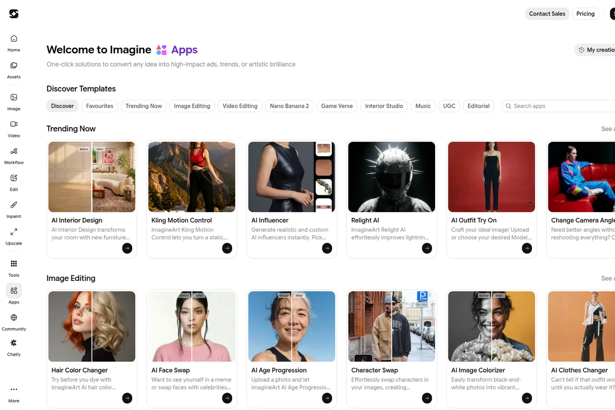ImagineArt apps page showcasing a variety of AI creative tools with before/after examples and output samples