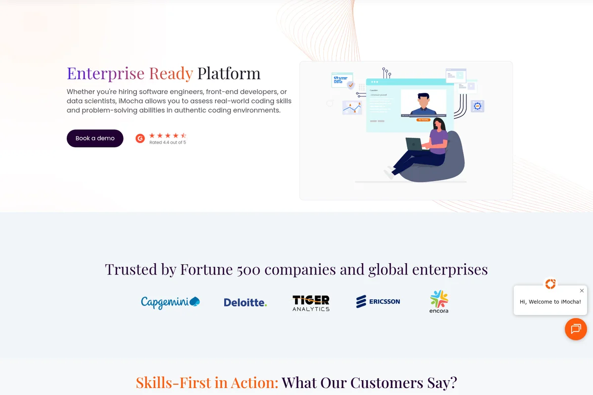 iMocha landing page promoting its enterprise-ready platform for skill assessment, featuring a candidate taking an online test and client logos.