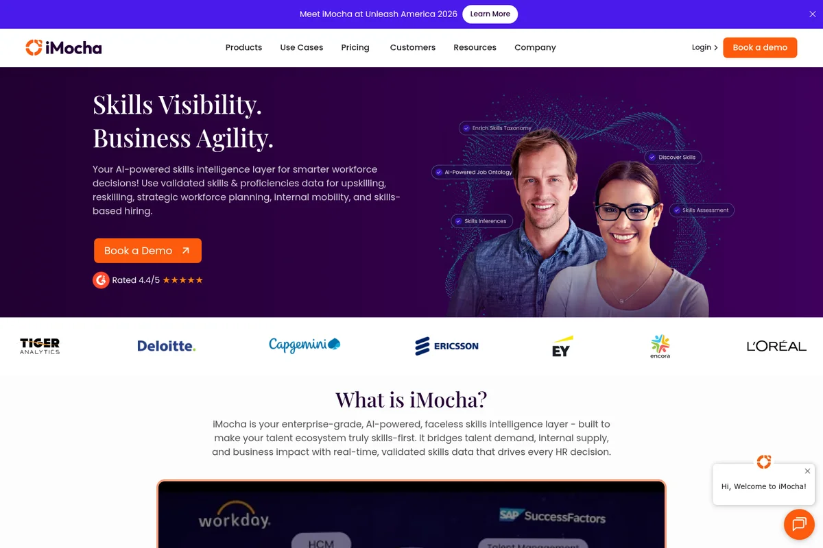 iMocha homepage hero showcasing AI-powered skill intelligence features like skill taxonomy, job ontology, and assessments, with two smiling professionals.
