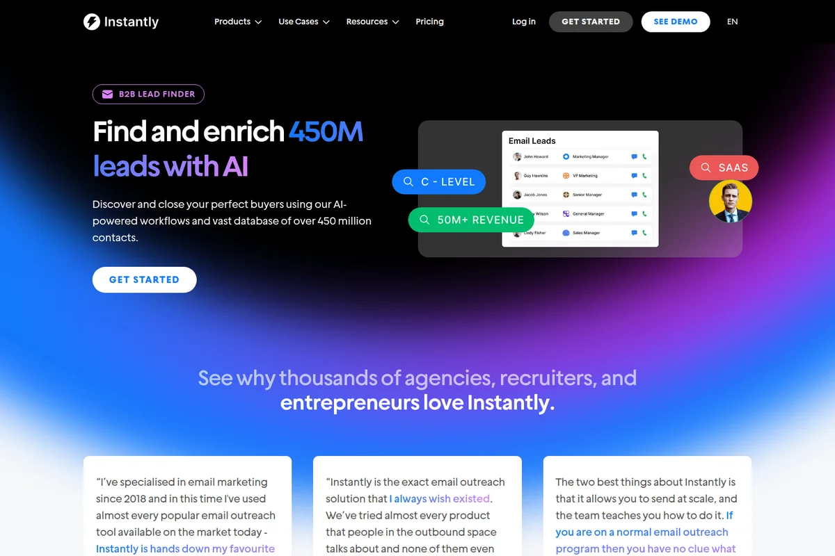 Instantly AI's B2B lead finder feature demonstrating lead enrichment with an interactive UI and dark-mode aesthetic.