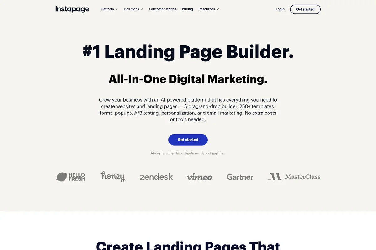 Instapage landing page hero section highlighting its 'Number 1 Landing Page Builder' value proposition.
