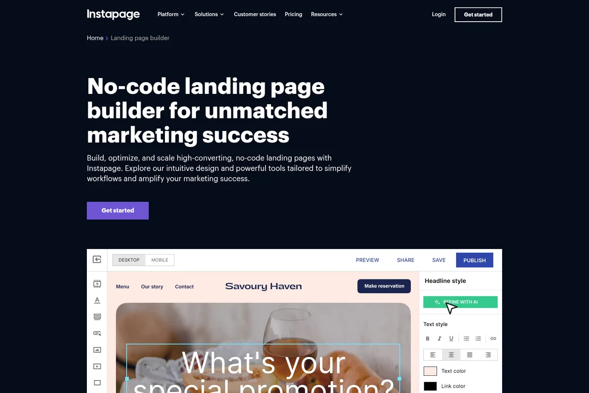 Instapage landing page builder workspace showing a headline being edited with an AI refinement option in a dark-mode interface.