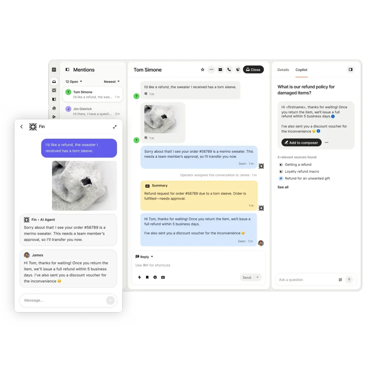 Intercom workspace UI showing a customer service agent resolving a refund request with AI assistance and Copilot in a modern interface.