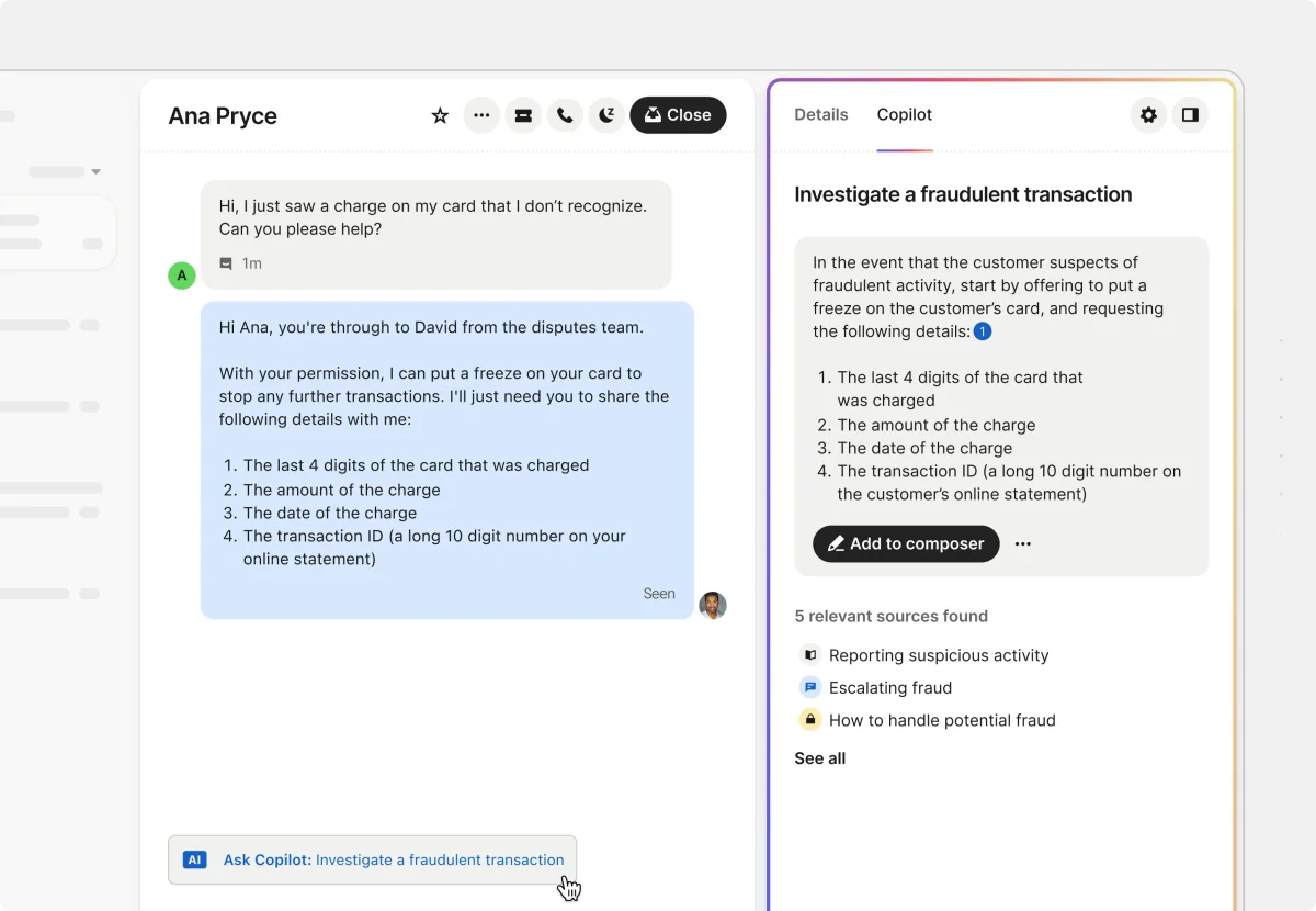 AI customer support workspace showing Copilot assisting an agent with a fraudulent transaction inquiry, displaying relevant steps and details.