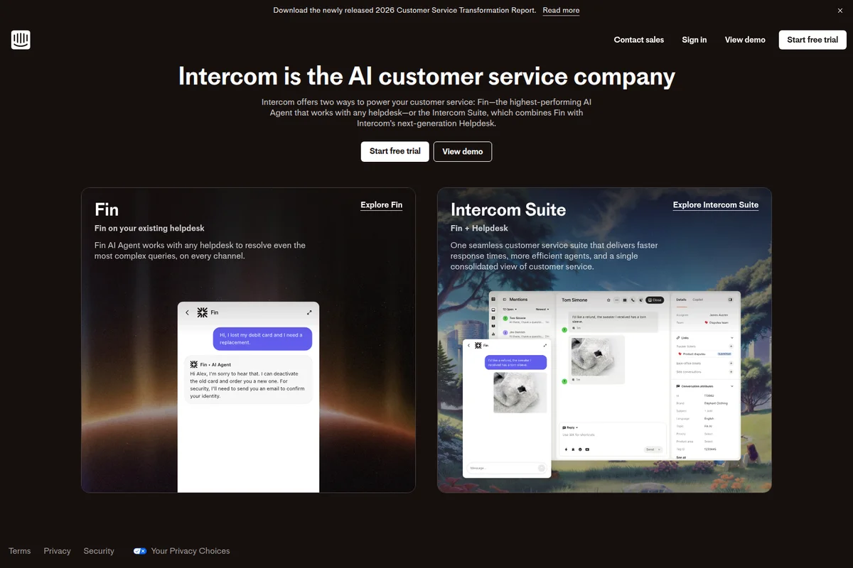 Intercom homepage showcasing Fin AI Agent chatbot resolving a query and the Intercom Suite helpdesk dashboard in a dark theme.
