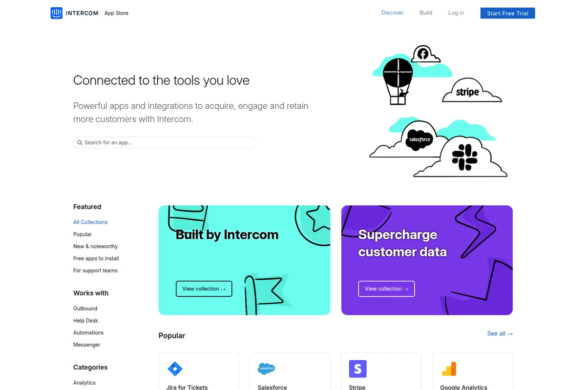Intercom App Store showing various integrations with popular tools like Facebook, Stripe, Salesforce, and Slack, presented with a modern and illustrative interface.