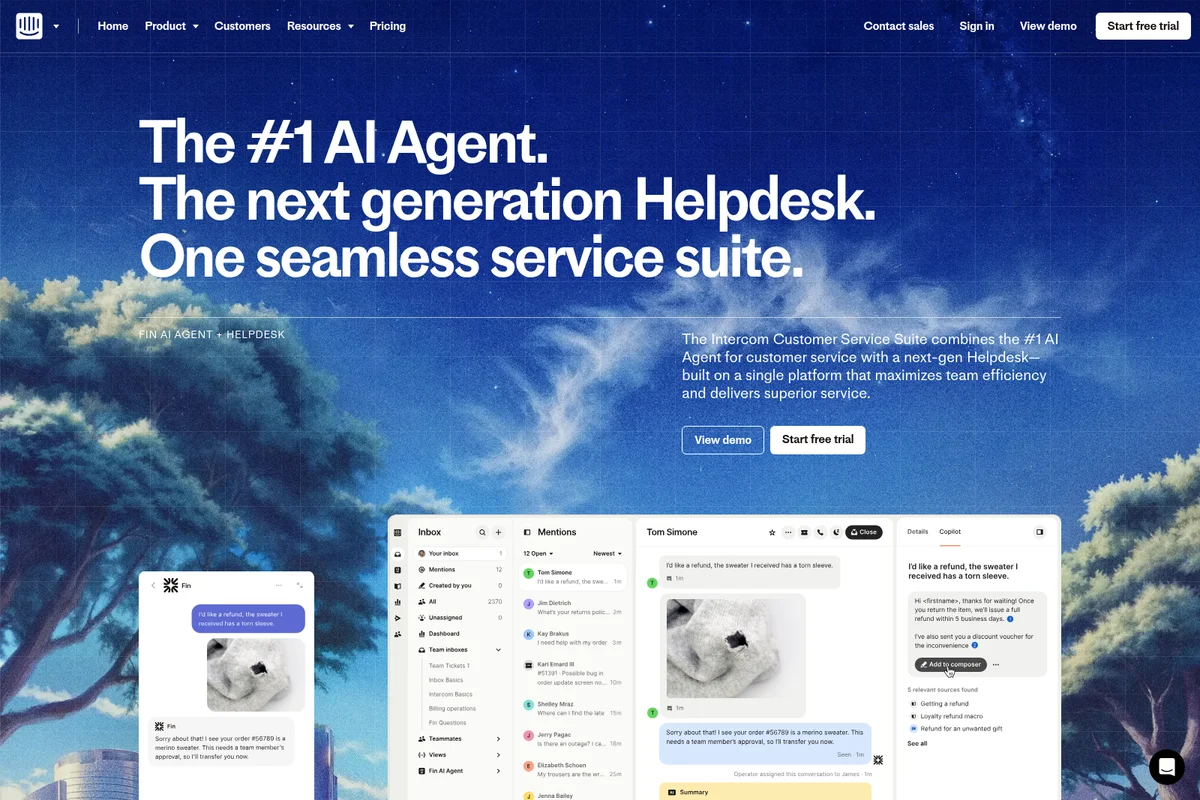 Intercom Customer Service Suite demonstrating AI agent functionality with a clear chat and helpdesk UI against a starry sky background.