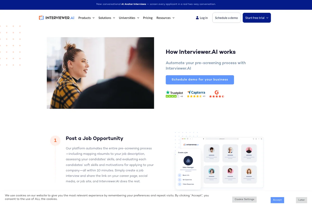 Interviewer AI's 'How it works' page illustrating job posting steps with a UI screenshot of creating a Sales Manager role.