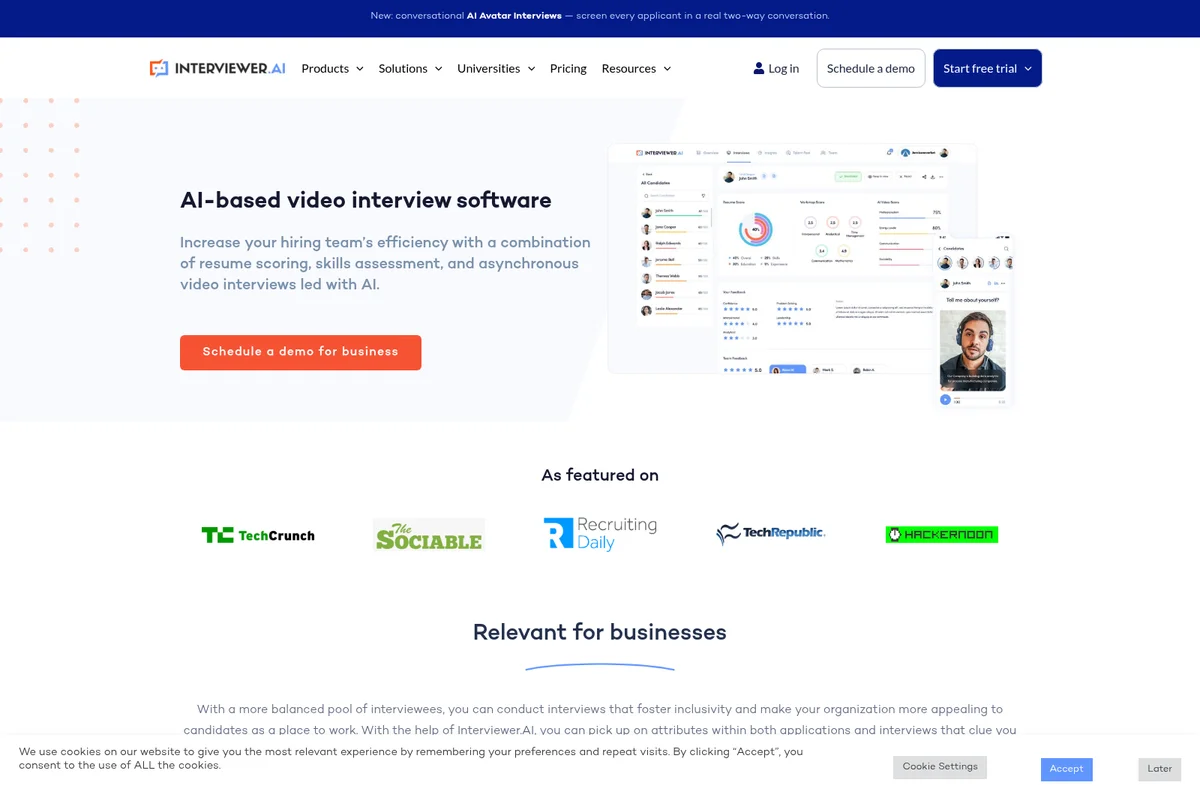 Interviewer.AI landing page hero showing AI-based video interview software with candidate analytics dashboard and mobile interview screen in a clean, modern interface.