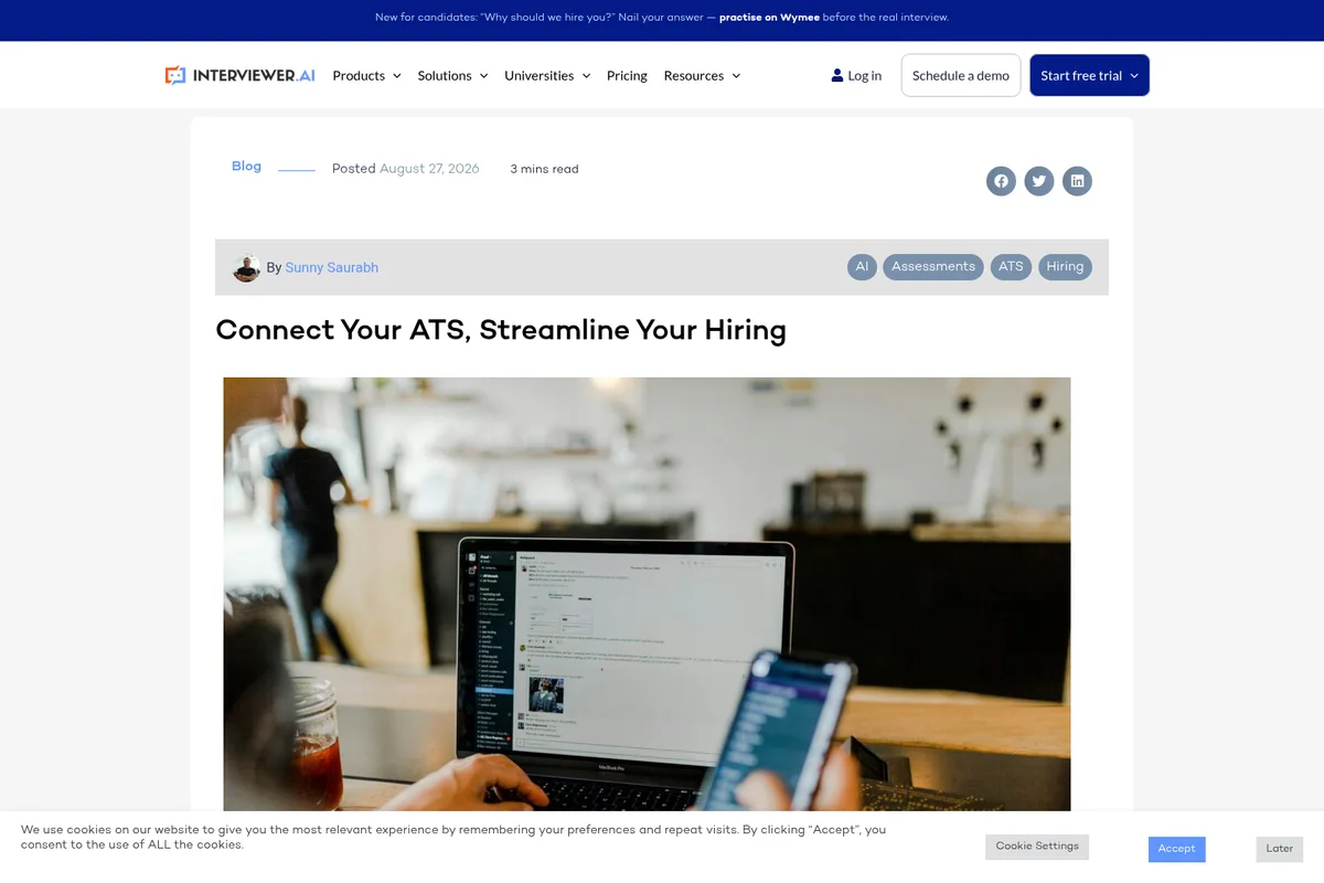 INTERVIEWER.AI blog post showing a discussion on ATS integration and hiring workflows with a clean light theme.