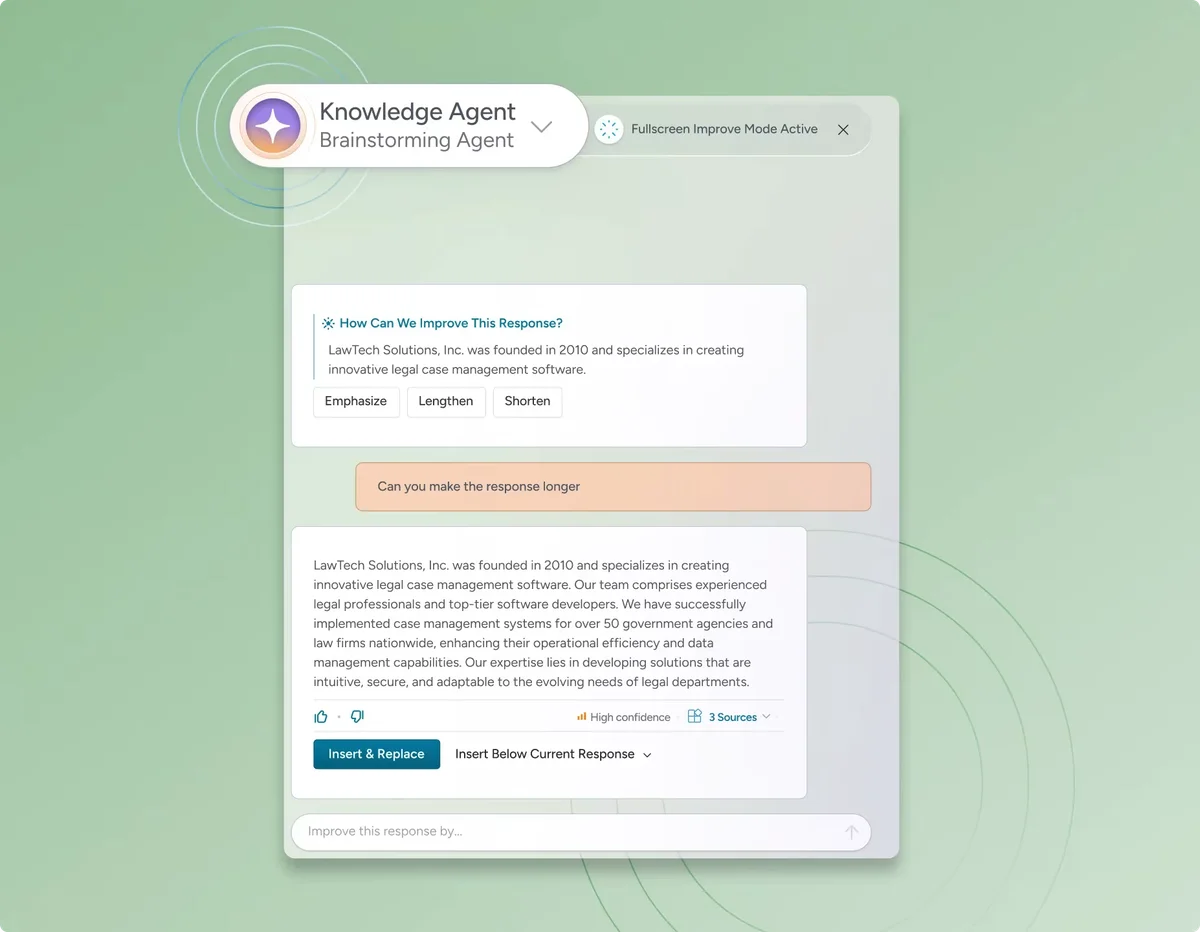 Inventive AI Knowledge Agent UI demonstrating AI response generation and refinement with a clean glassmorphism interface.