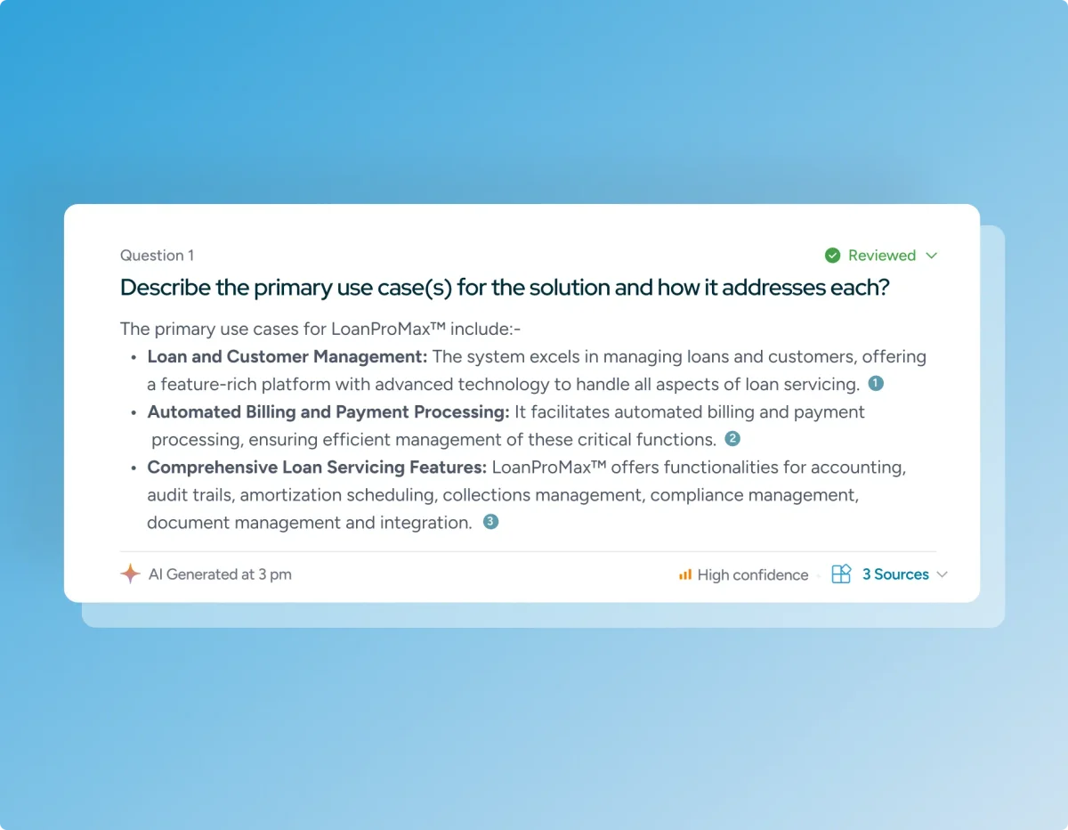Inventive AI's knowledge panel displaying an AI-generated answer detailing LoanProMax use cases in a modern card UI.