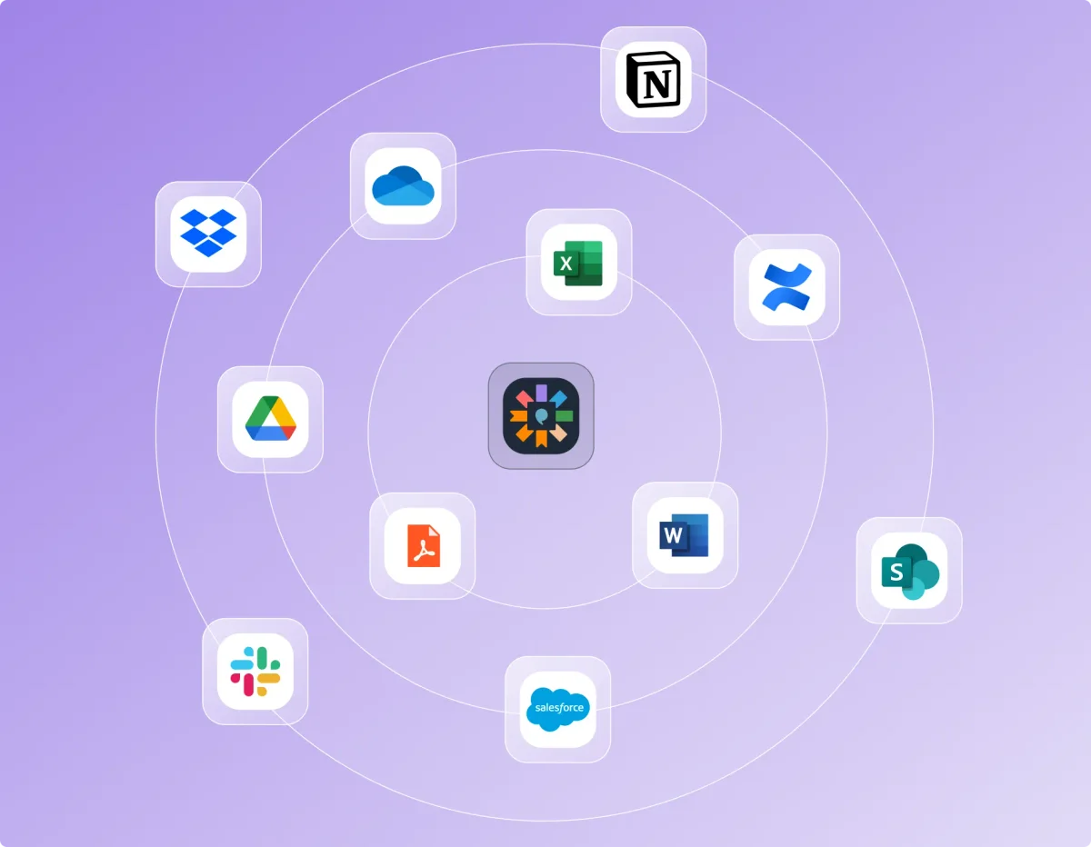 Inventive-AI integration hub showing connectivity with Notion, Dropbox, Microsoft Office, Slack, and Salesforce in a radial graphic.