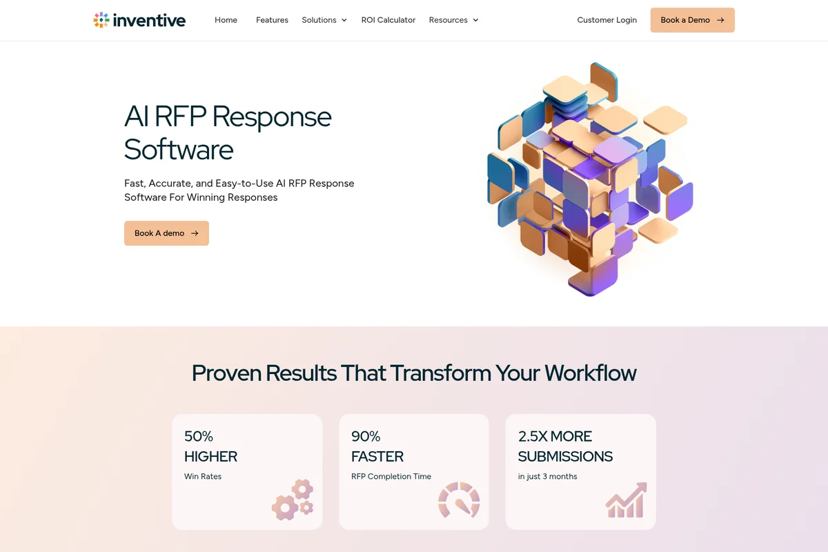 Inventive AI landing page showcasing AI RFP response software with a modern, clean design and abstract 3D graphic.