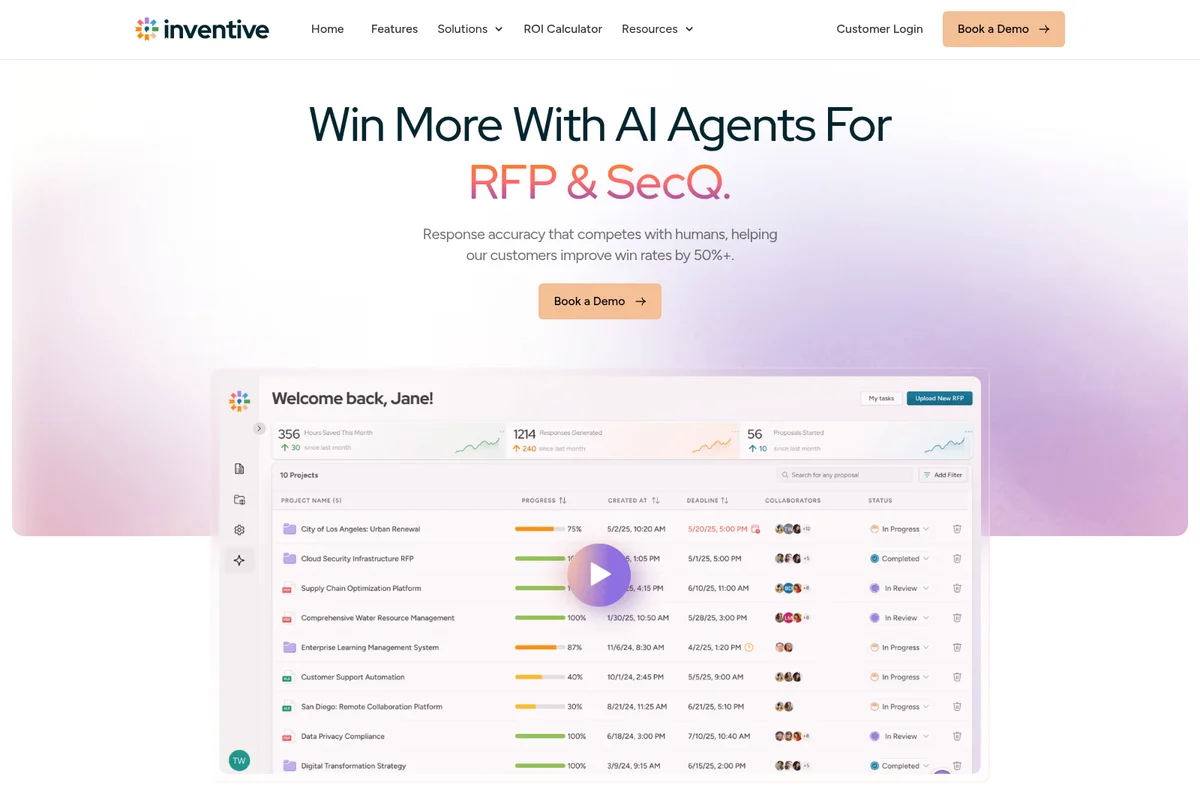 Inventive AI workspace dashboard showcasing project management for RFP and Security Questionnaire (SecQ) responses, with progress tracking, key metrics, and collaborator details in a clean, modern interface.