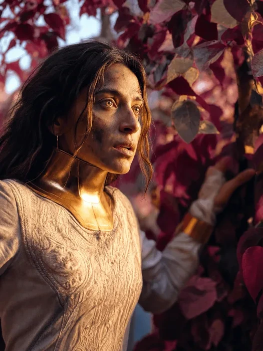 Invideo AI-generated cinematic character output showing a woman with golden attire in rich foliage.