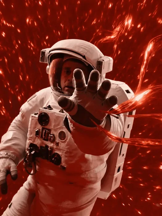 Invideo content showing an astronaut in a white suit reaching out into swirling red cosmic energy, conveying an intense and dramatic space scene.