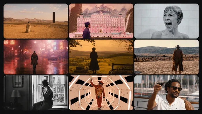 Invideo output-sample showing a grid of diverse cinematic movie stills demonstrating various visual styles for video creation and editing.