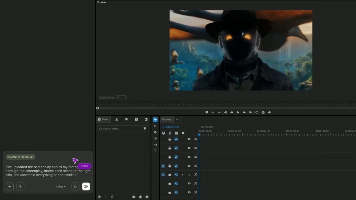 Invideo AI video editor workspace showing a semantic editing chat interface and multi-track timeline in a modern dark theme.