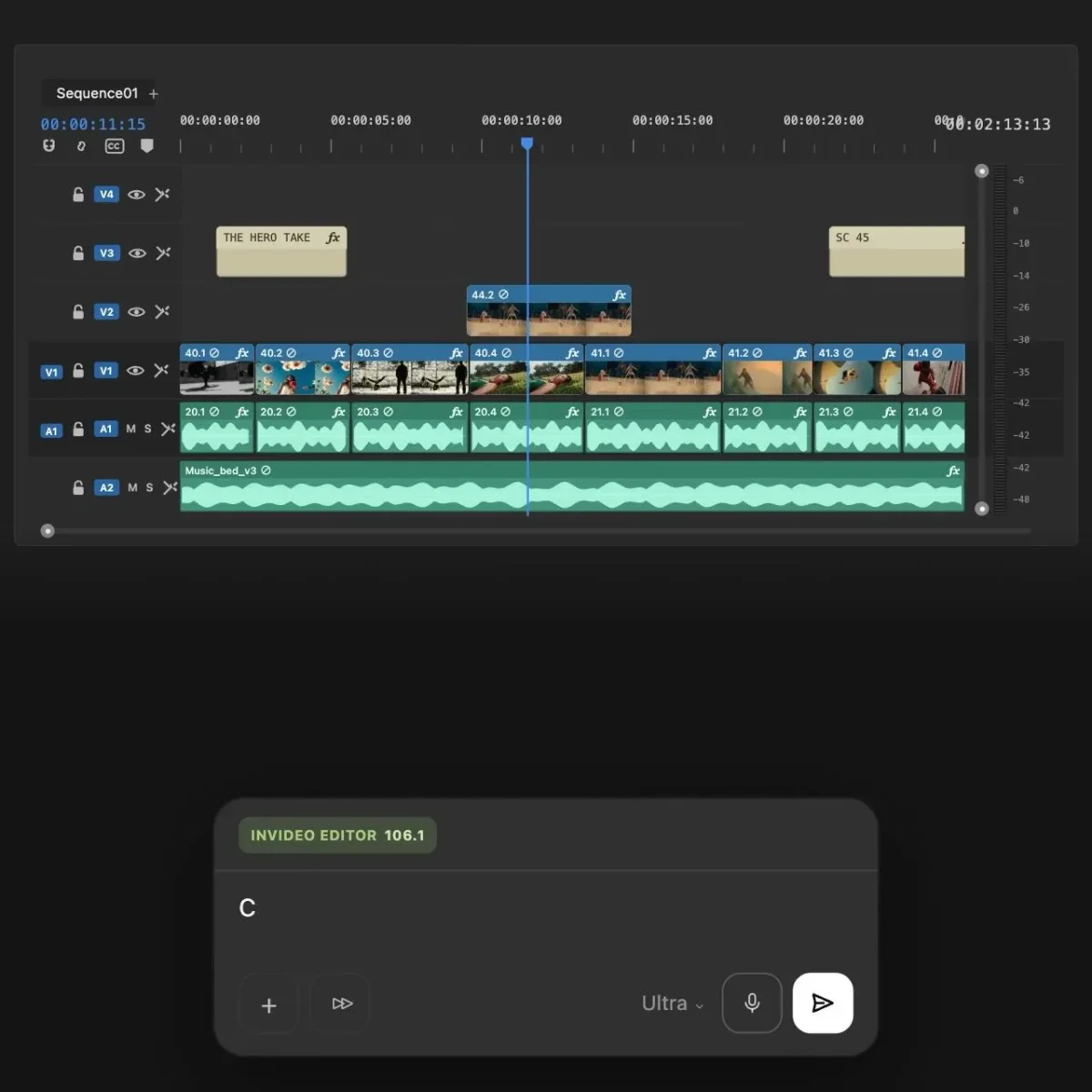 InVideo editor workspace showing a multi-track video timeline with clips, audio, and a voice input feature in a dark theme.