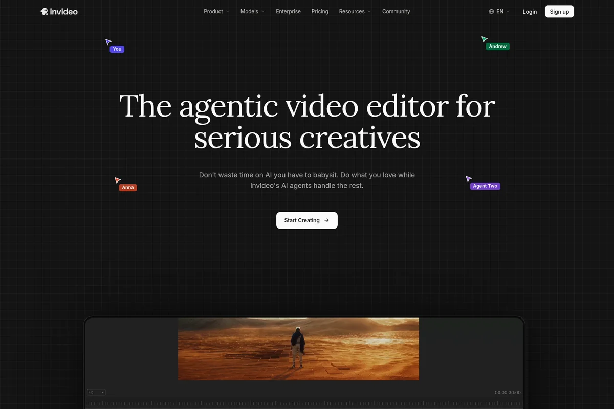 Invideo homepage showcasing agentic AI video editing with collaborative cursors and a cinematic video preview in a dark theme.