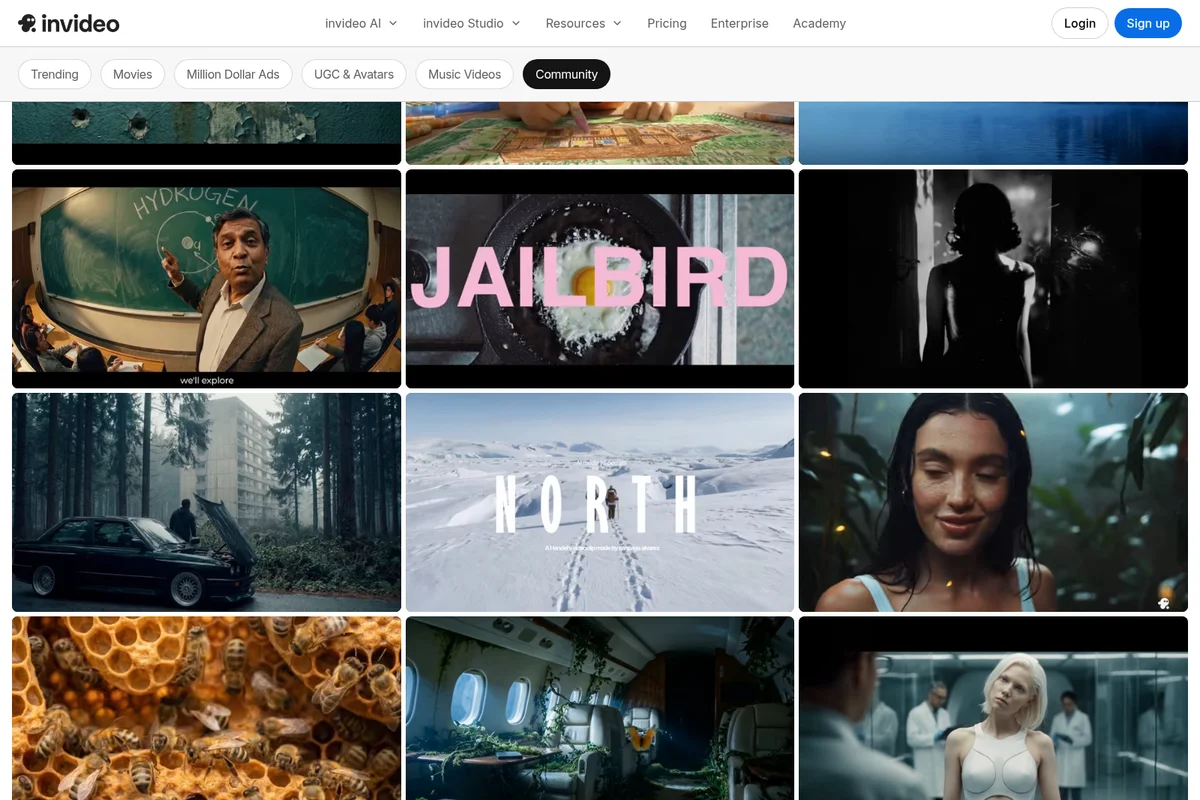 InVideo video gallery showcasing diverse creative video output samples in a modern, clean grid interface.