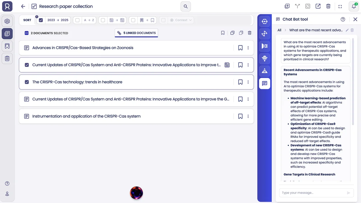 Iris-ai research workspace showcasing a document collection and AI chatbot for paper analysis with a modern interface.