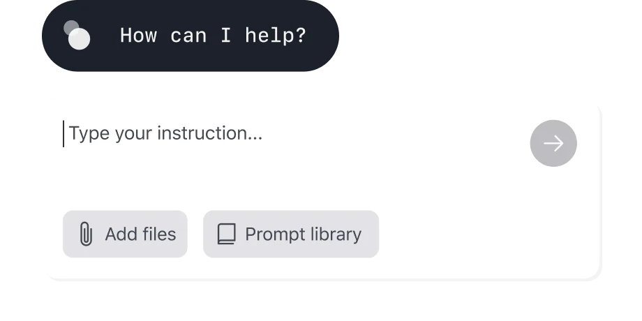 Ironclad AI chat interface with 'Type your instruction...' field, add files, and prompt library in a modern, mixed-theme UI.