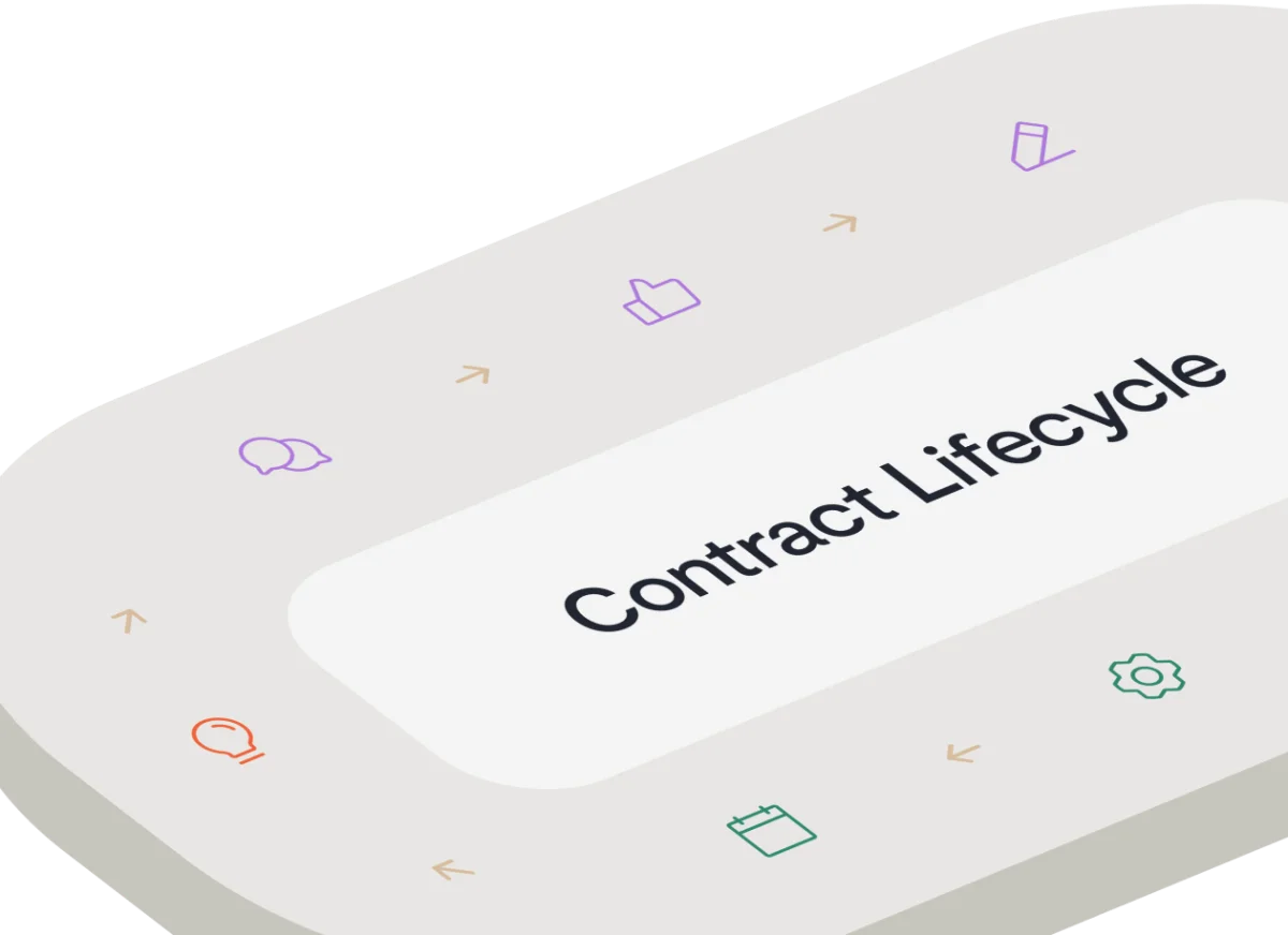 Ironclad product interface showing the Contract Lifecycle feature with icons representing stages like drafting, approval, and management in a modern, clean UI.