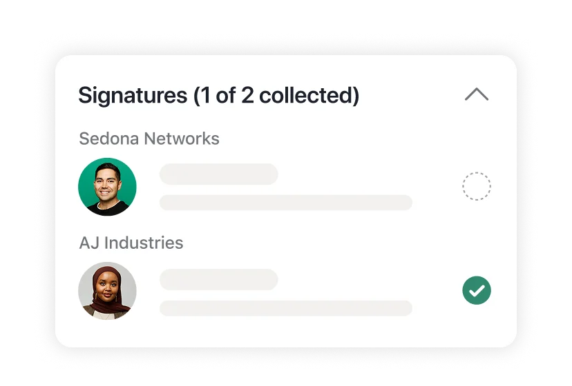Ironclad signature tracking panel showing one collected signature from AJ Industries and one pending from Sedona Networks, within a clean light-themed interface.