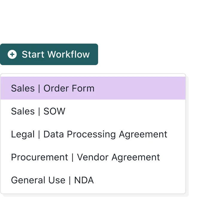 Ironclad workspace displaying a dropdown menu to initiate new workflows with various document types.