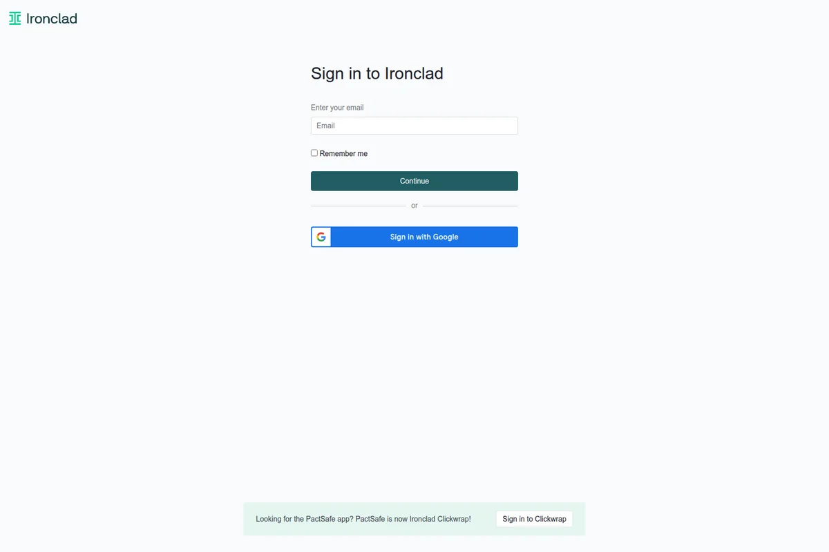 Ironclad sign-in page showing email input and Google authentication option with a clean white interface.