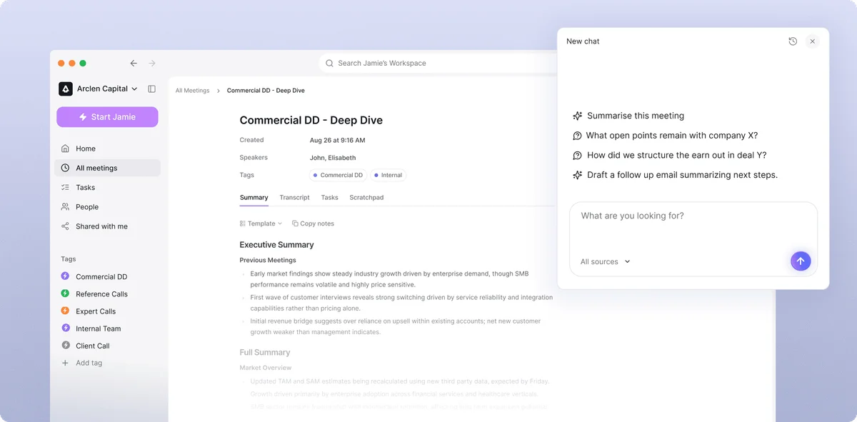 Jamie workspace displaying a 'Commercial DD - Deep Dive' meeting summary alongside an AI chat interface offering suggested questions.