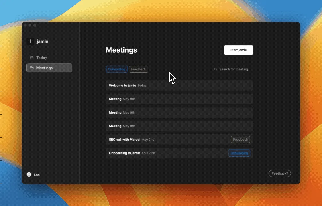 jamie meeting management UI showing a list of meetings with an 'Onboarding' filter selected, in a clean dark-mode.