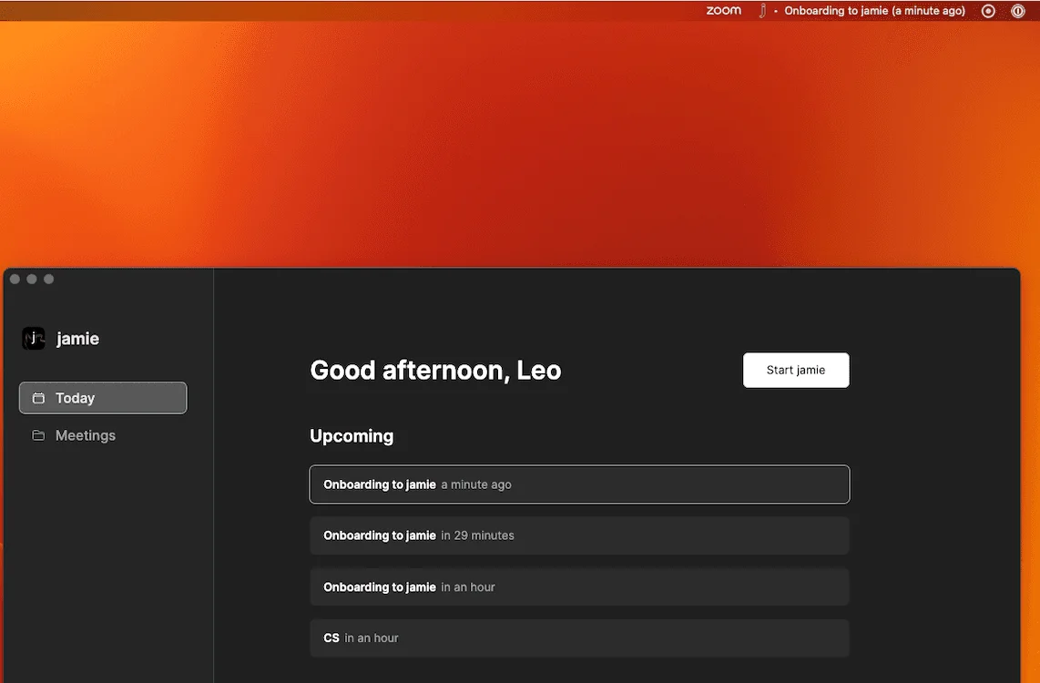 Jamie workspace UI showing 'Good afternoon, Leo' and a list of upcoming meetings in a sleek dark-mode interface.