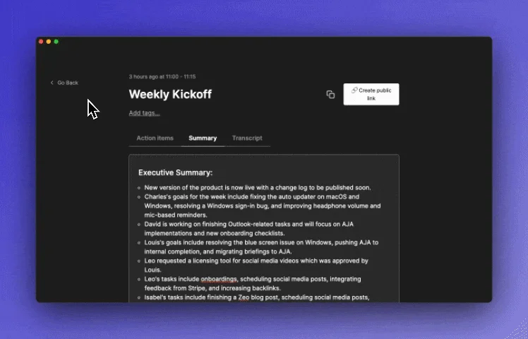 jamie workspace displaying a 'Weekly Kickoff' meeting summary with a modern dark mode interface.