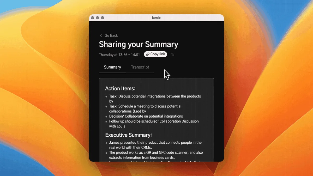 jamie workspace UI showing a generated meeting summary with action items and executive overview in a dark theme.