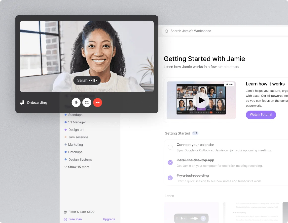Jamie workspace showing an active video call with participant 'Sarah' and a 'Getting Started' guide, all within a clean, modern interface.