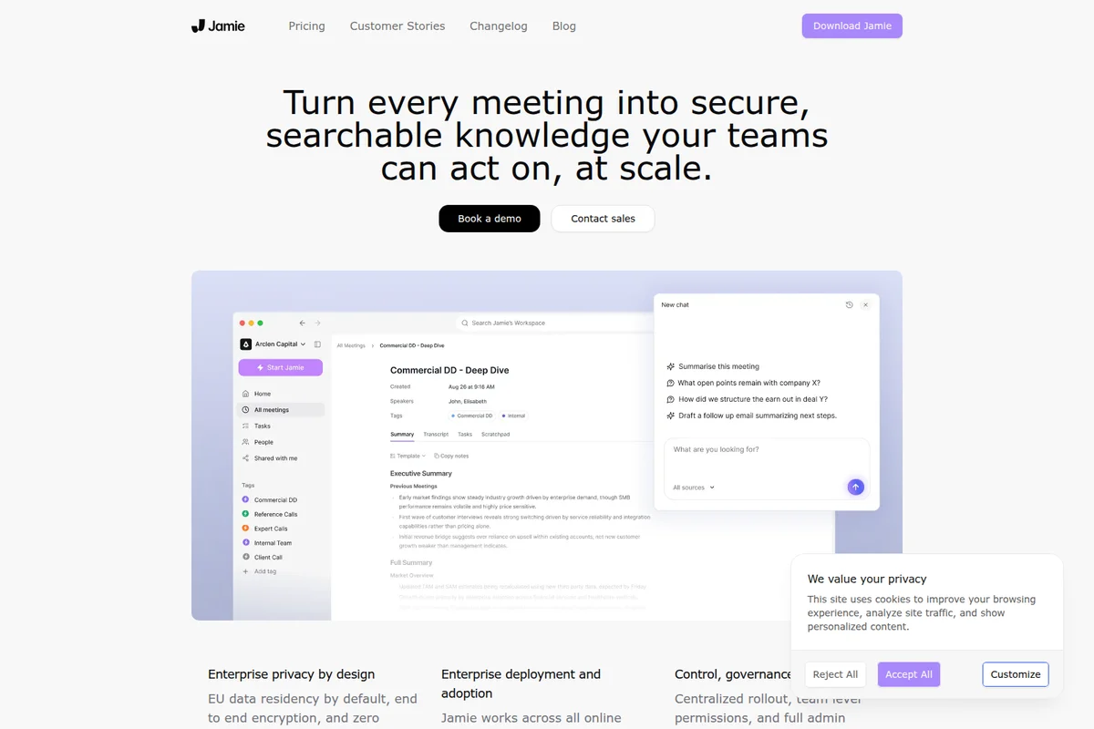 Jamie workspace showing AI meeting summary and interactive chat interface with a clean light theme.