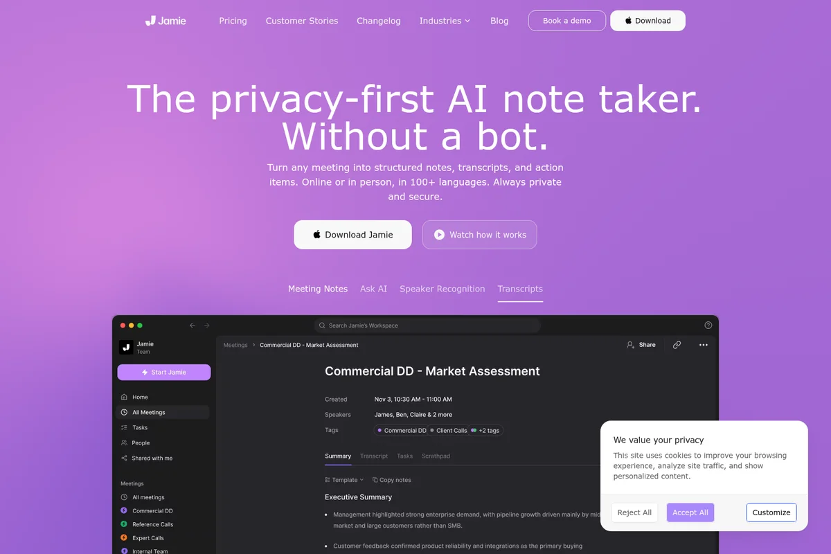 Jamie workspace UI showing structured meeting notes and transcripts with a dark-mode interface.