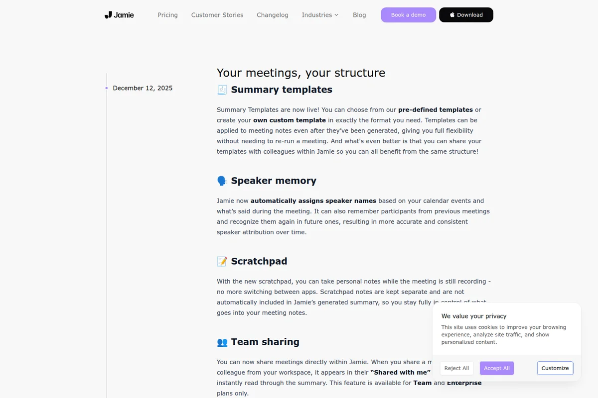 Jamie changelog page announcing new product features with a clean, modern design.