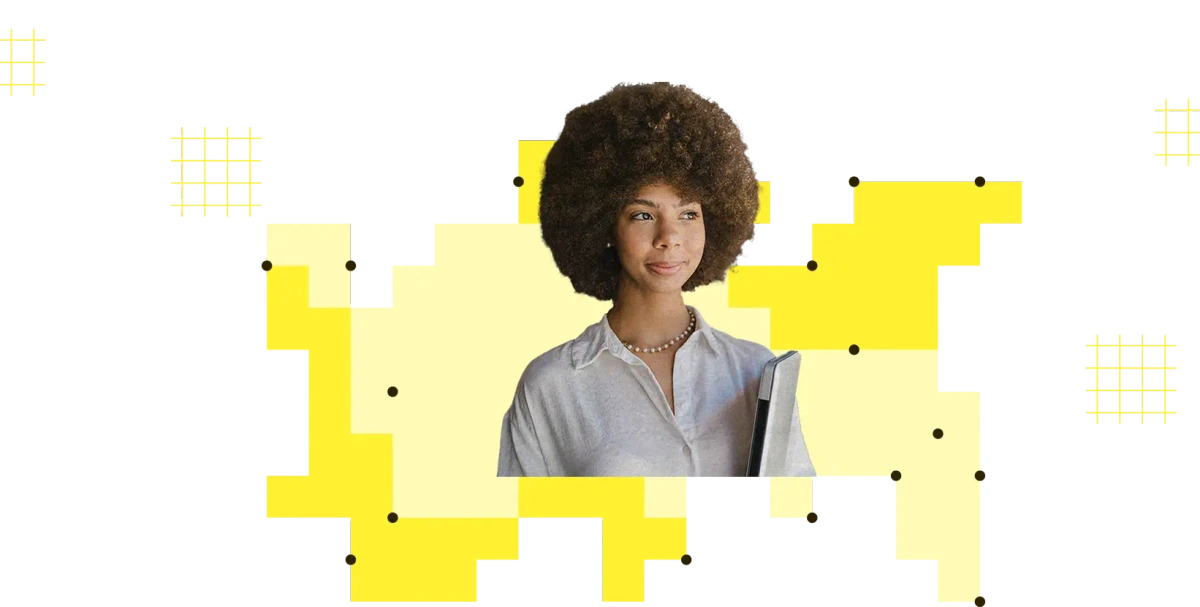 Jasper gallery image featuring a professional photo of a smiling woman with an afro, holding a document against an abstract black and yellow background.