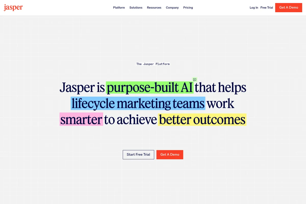 Jasper platform hero showcasing its AI solution for lifecycle marketing teams with a clean and modern design.
