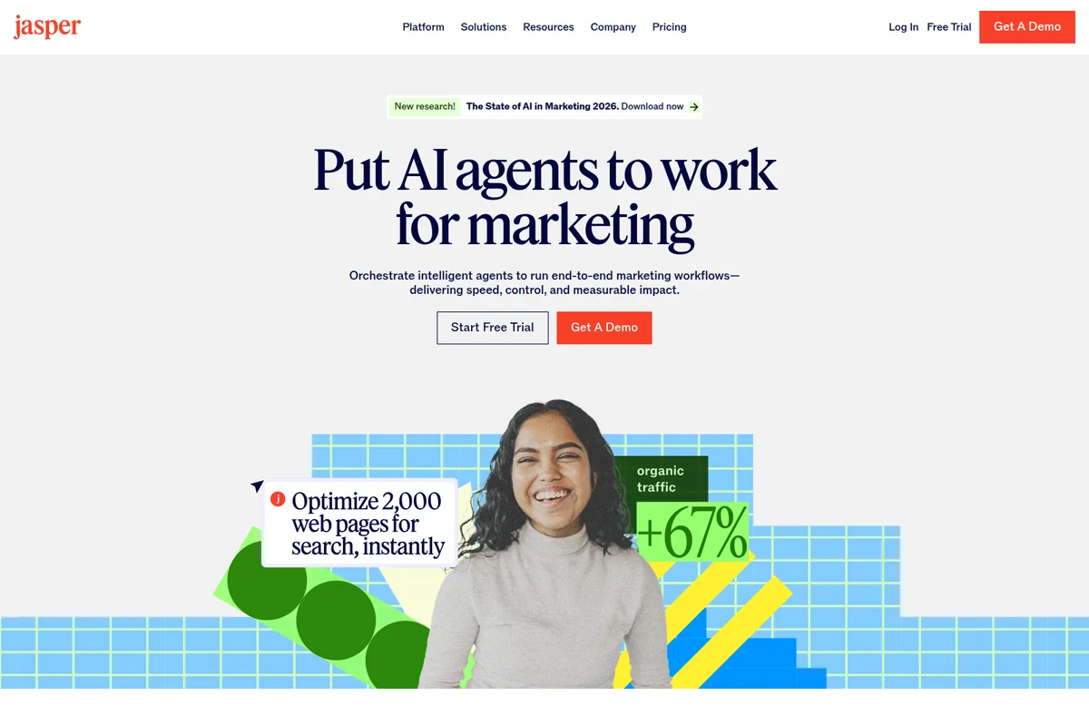 Jasper homepage hero section featuring AI agents for marketing with a smiling woman and key benefit callouts.
