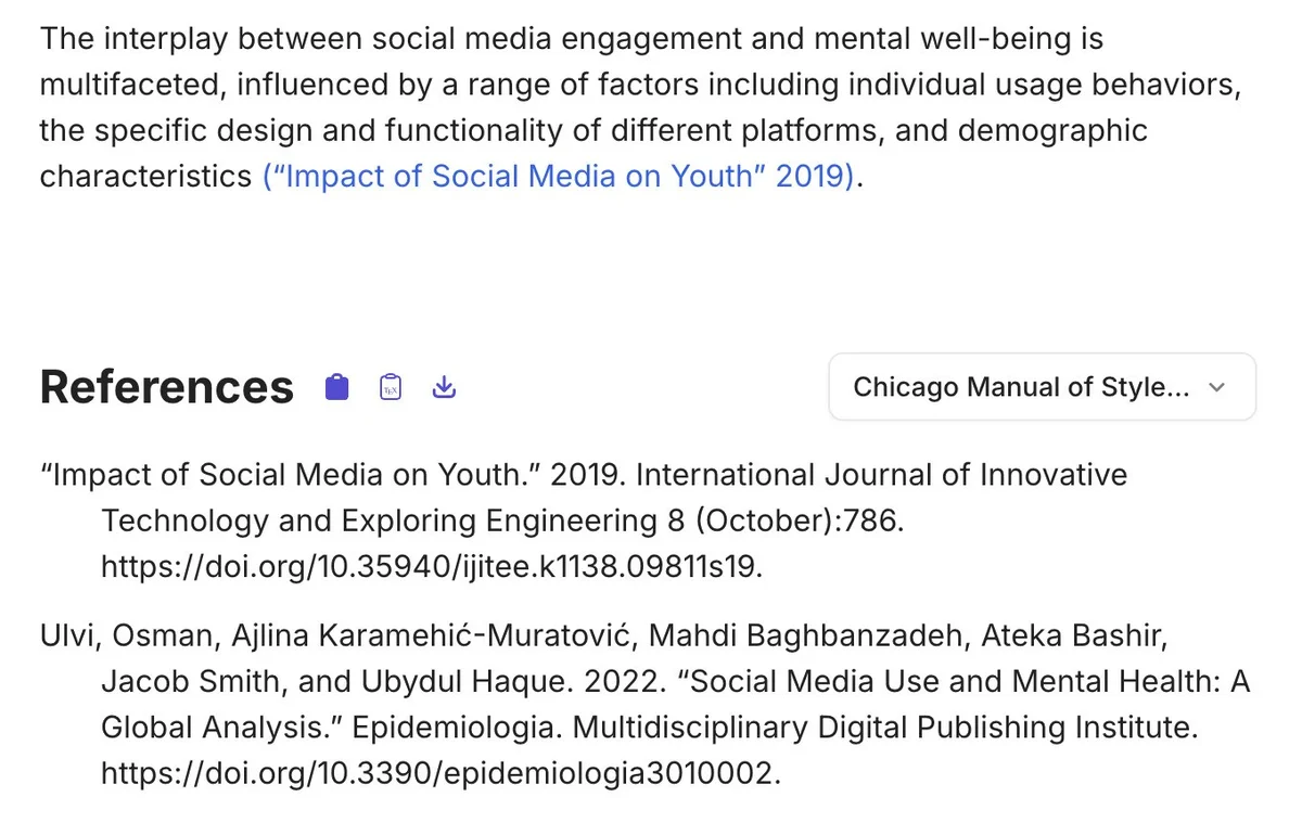 Jenni AI references feature showing academic citations and a Chicago Manual of Style selector in a clean light-mode interface.
