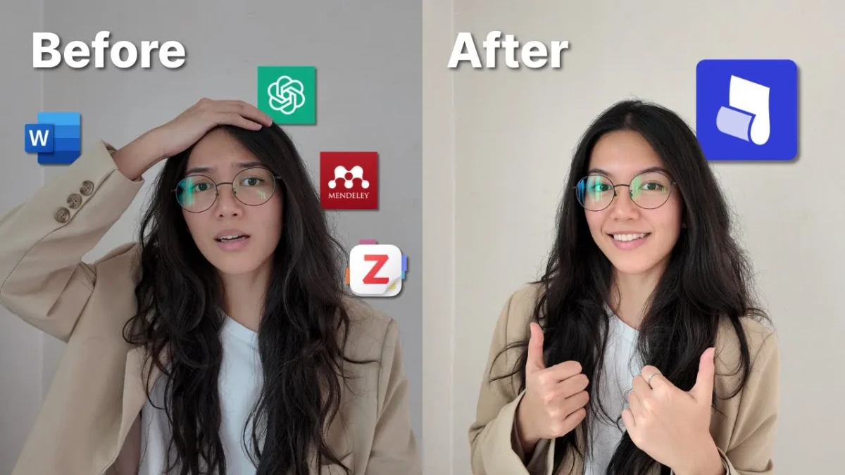 Jenni AI before/after demonstrating simplified research and writing; user transitions from frustration with multiple apps to happiness with Jenni AI.