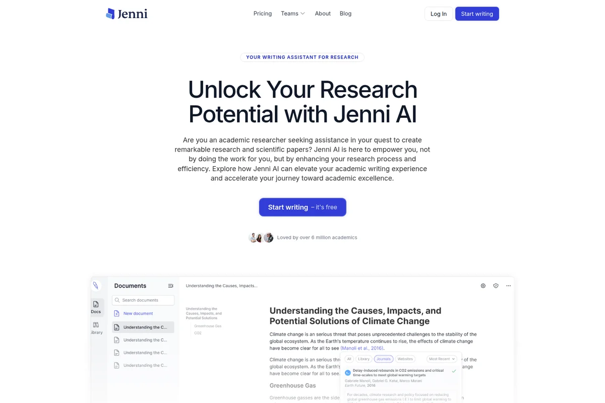 Jenni AI landing page showcasing AI-powered research assistance with a clean, modern document editor interface.