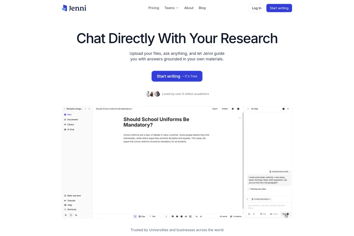 Jenni AI landing page featuring the 'Chat Directly With Your Research' hero section and an embedded product UI demonstrating AI assistance for essay writing.