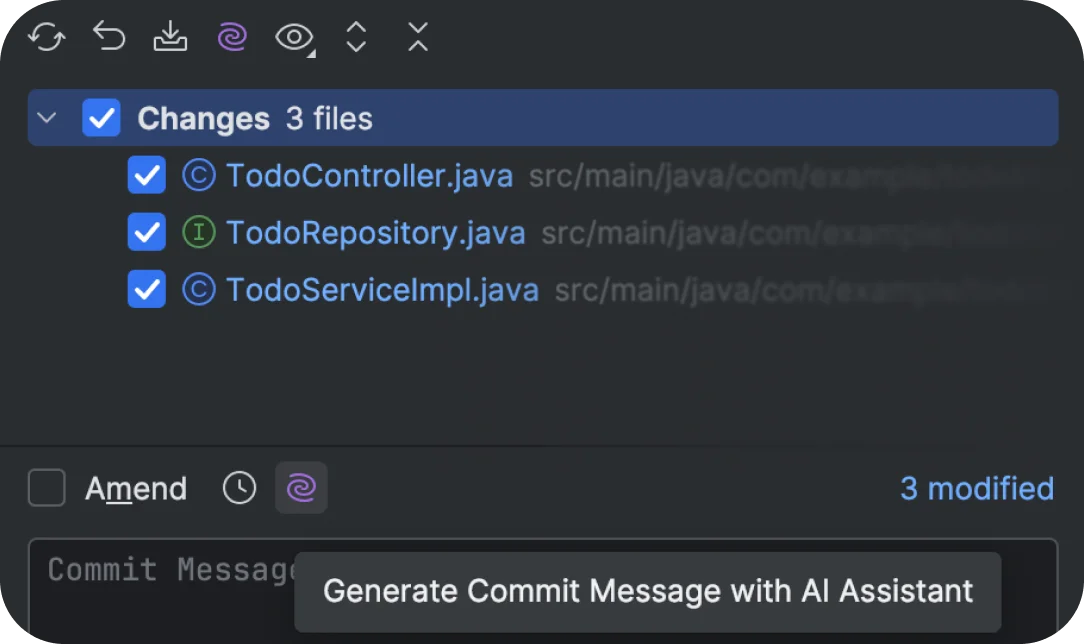 JetBrains AI Assistant IDE workspace showing source code changes and a button to generate a commit message with AI in a dark theme.