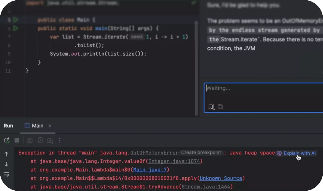 JetBrains AI Assistant workspace UI showing the AI explaining a Java OutOfMemoryError in a dark-themed professional IDE interface.